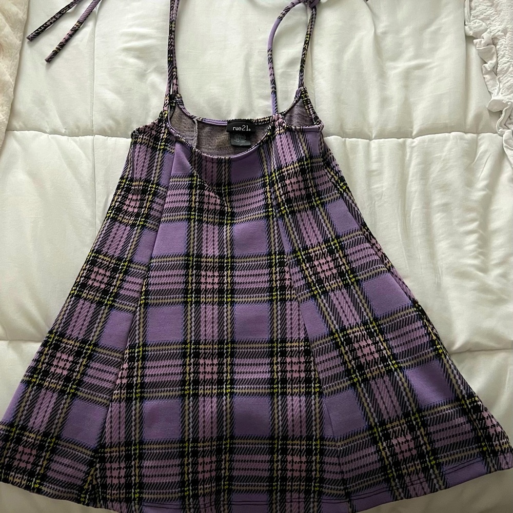 Purple Plaid High Waist Flared Cami Dress Without Tee